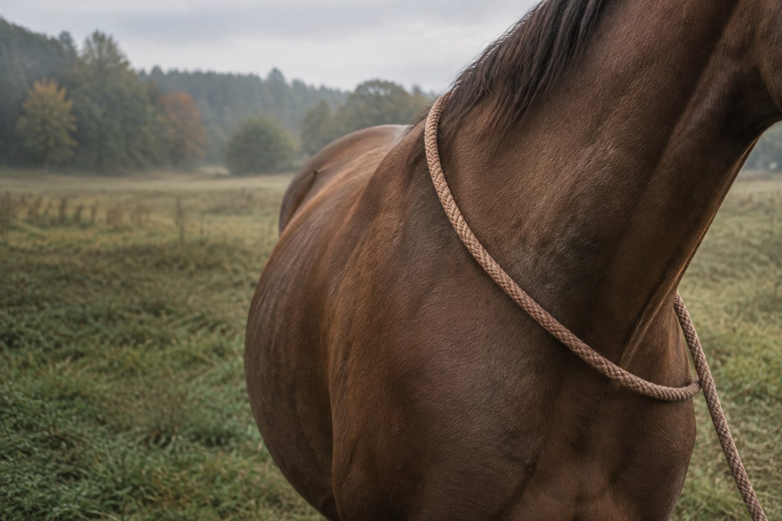 A natural-fiber lead rope rests loosely across the shoulder of a calm horse in a misty Piedmont field.